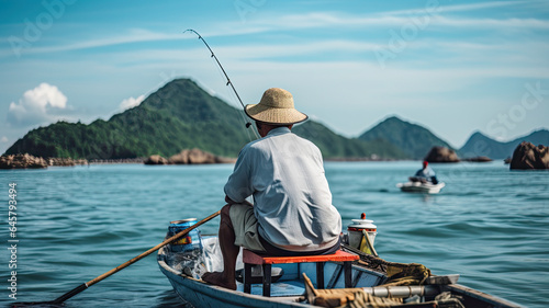 man sitting in a boat, while fishing, in a calm sea with a blue-sky island in the background