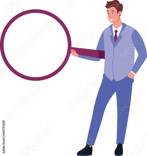 Man hold big magnify glass. Researcher character