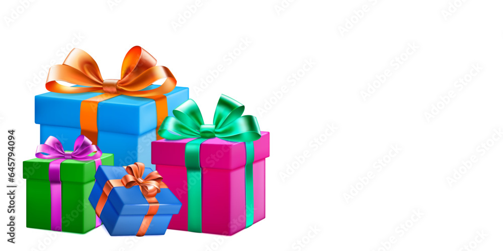 Fototapeta premium Festive illustration with several colored gift boxes with ribbons and bows on white background