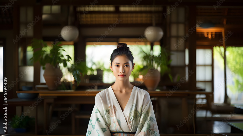 A beautiful young Japanese woman dressed in a kimono sits in a meditation room. A beautiful young Japanese woman dressed in a kimono sits in a meditation room.