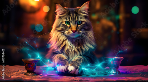 A magical fluffy cat is a wizard.