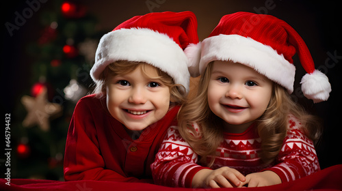 Two kids in Santa Claus hats waiting for Christmas.