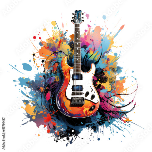 A dynamic electric guitar featured in an Instruments t-shirt design, the guitar emerging from a burst of musical elements like notes, Generative Ai