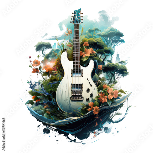 An electric guitar displayed in an Instruments t-shirt design, the guitar's body transformed into a lush forest scene, Generative Ai