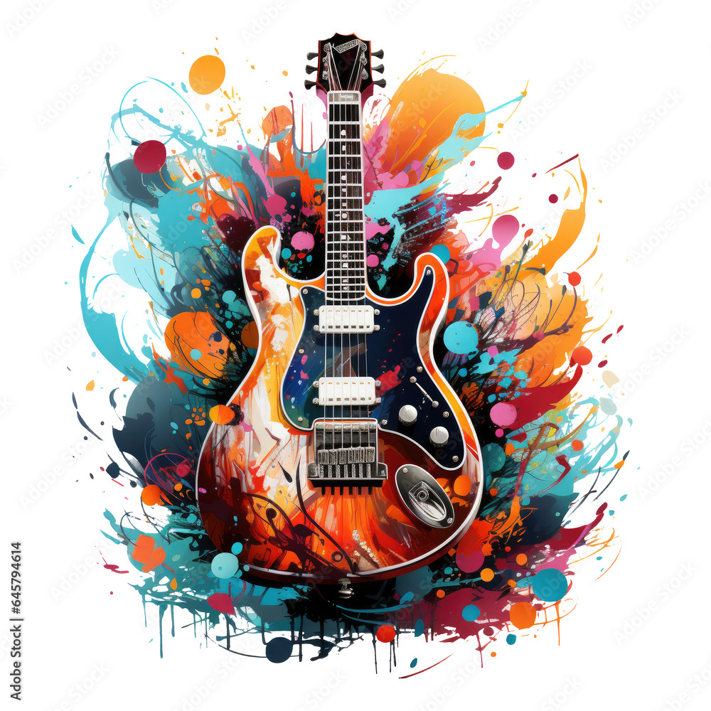 An electric guitar portrayed in an Instruments t-shirt design, the guitar's body becoming a vibrant carnival scene, Generative Ai