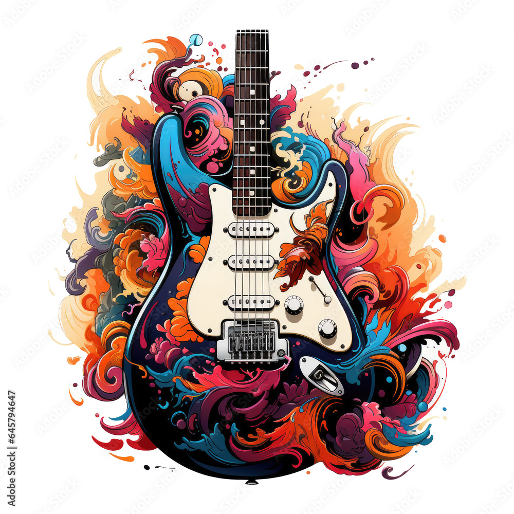 An electric guitar presented in an Instruments t-shirt design, the guitar's body intertwining with the vibrant colors, Generative Ai An electric guitar presented in an Instruments t-shirt design, the guitar's body intertwining with the vibrant colors, Generative Ai