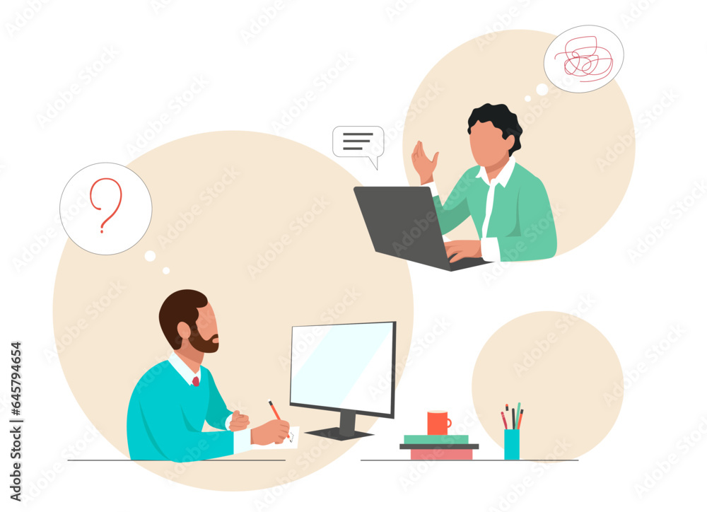 Office workers misunderstanding the task. Vector colourful illustration isolated on white background.