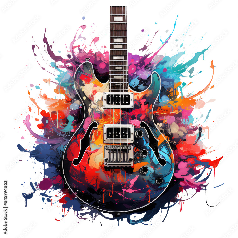 An electric guitar showcased in an Instruments t-shirt design, the guitar's body becoming a portal to a fantastical realm, Generative Ai