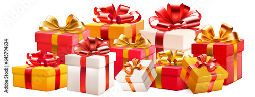 Festive illustration with bunch of colored gift boxes with ribbons and bows