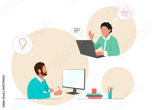 Office workers misunderstanding the task. Vector colourful illustration isolated on white background.