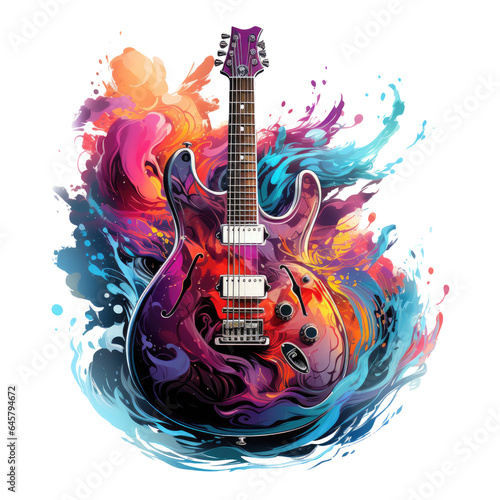 An electric guitar featured in an Instruments t-shirt design, the guitar's body merging with the swirling colors of a mesmerizing aurora borealis, Generative Ai