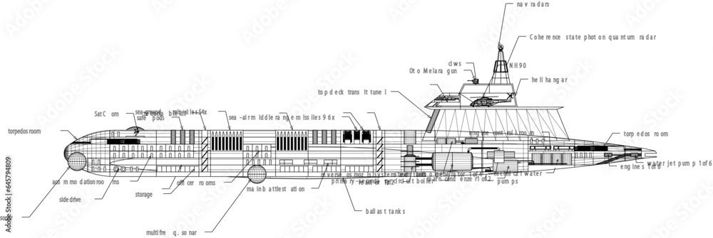 Vector sketch illustration of detailed design of a navy fighter submarine interior