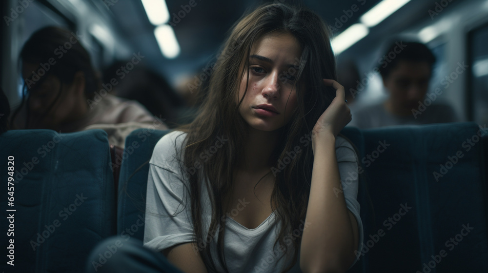 Young depressed woman sitting in train and looking at camera. Depression concept Young depressed woman sitting in train and looking at camera. Depression concept