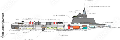 Vector sketch illustration of detailed design of a navy fighter submarine interior