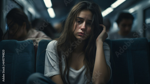 Young depressed woman sitting in train and looking at camera. Depression concept