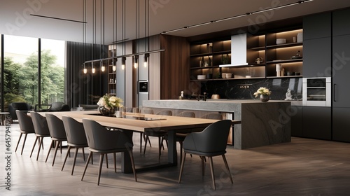 3D style of a dining area in modern kitchen. Luxurious interiors of a modern apartment