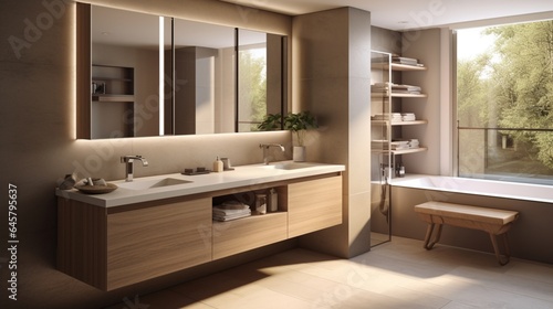 A bathroom with a double sink vanity and integrated storage