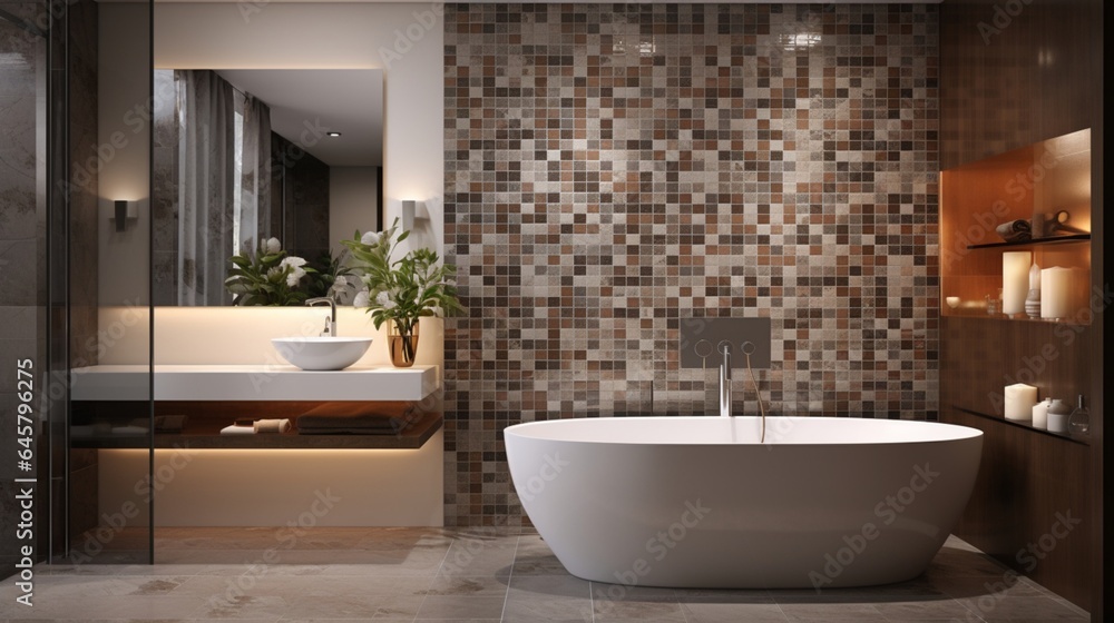 A bathroom with a mosaic accent wall and contemporary fixtures A bathroom with a mosaic accent wall and contemporary fixtures