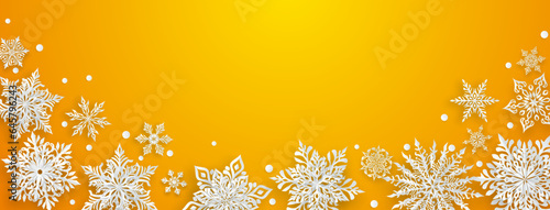 Christmas illustration with beautiful complex paper snowflakes, white on yellow background