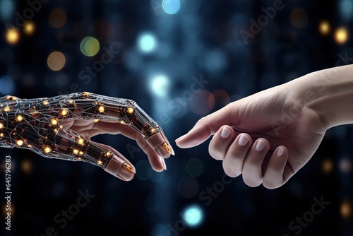 Machine learning, Hands of robot and human touching on big data network connection background, innovation and futuristic. AI Generative
