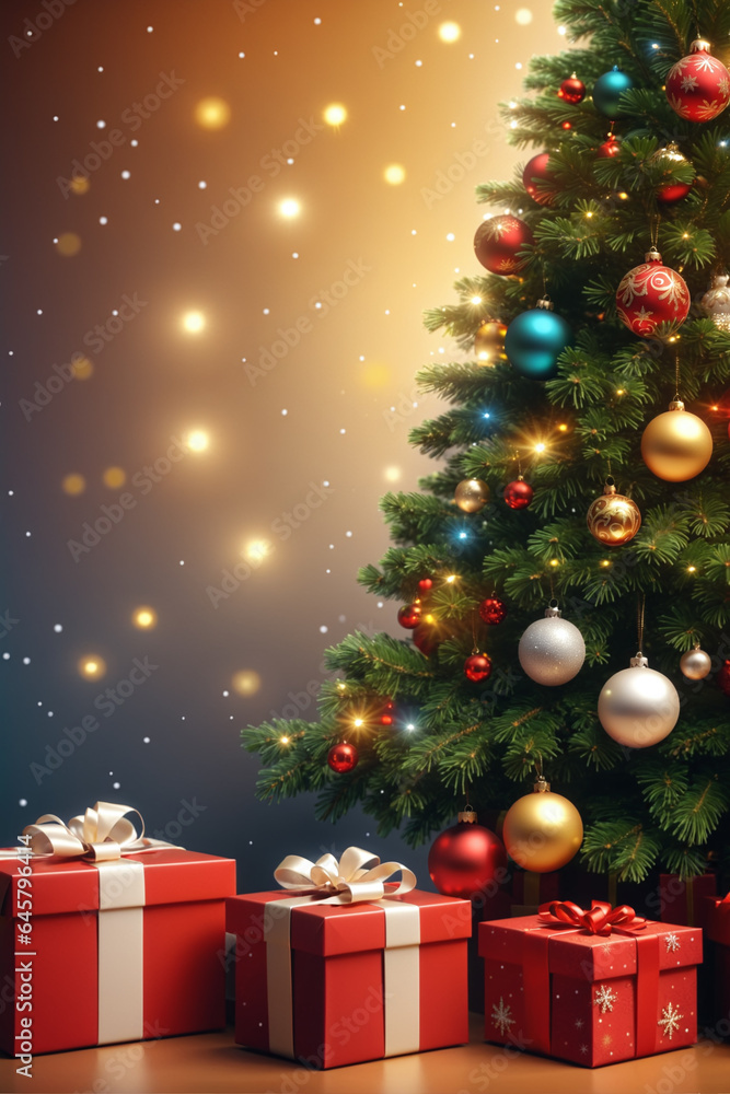 Beautiful Christmas illustration with a decorated Christmas tree and gift boxes. Generative AI