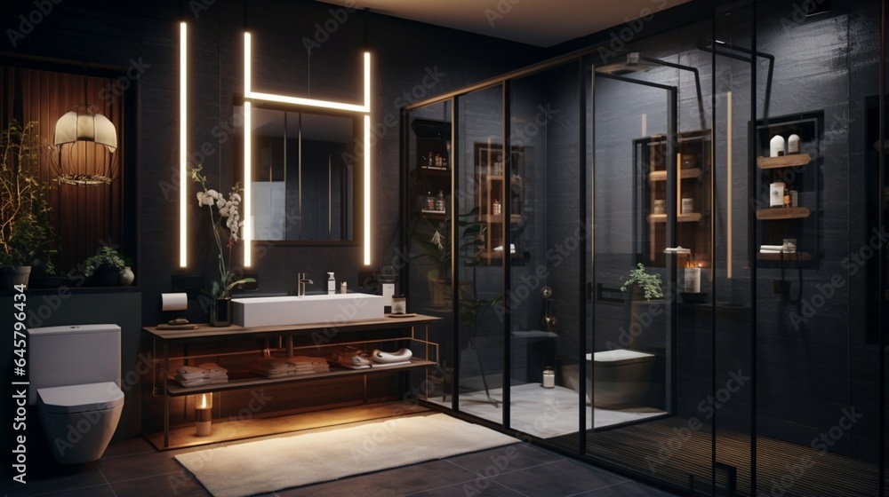 Fototapeta premium A bathroom with a wall-mounted toilet and glass partition