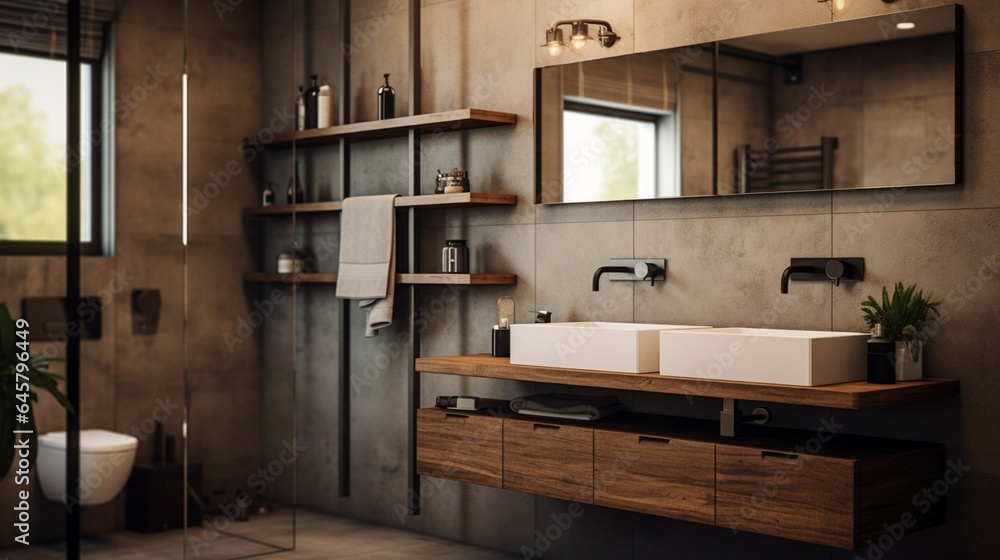 A bathroom with a wall-mounted vanity and integrated sink A bathroom with a wall-mounted vanity and integrated sink