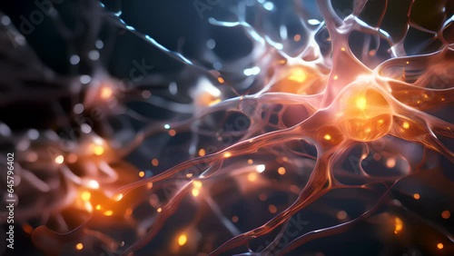 brain, neurons, neural network, firing, synapse, connections, thoughts, thinking, intelligence, brain stimulation or activity with neuron close-up 3D rendering. Neurology, cognition, generative ai photo