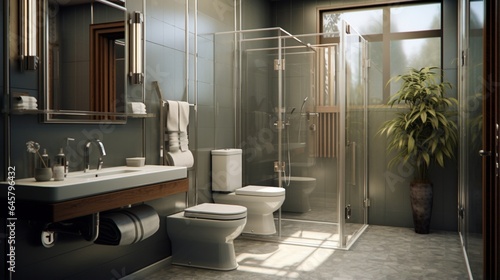 A bathroom with a wall-mounted toilet and glass partition
