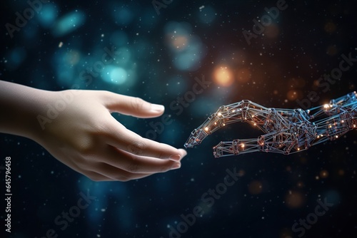 Machine learning  Hands of robot and human touching on big data network connection background  innovation and futuristic. AI Generative