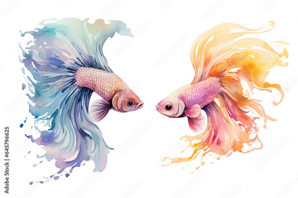 Fototapeta premium two fish watercolor set underwater world