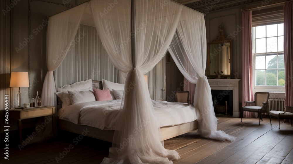 A bedroom with a four-poster bed and sheer canopy curtains A bedroom with a four-poster bed and sheer canopy curtains