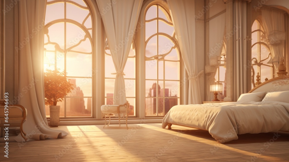 A bedroom with a large arched window and sheer curtains A bedroom with a large arched window and sheer curtains