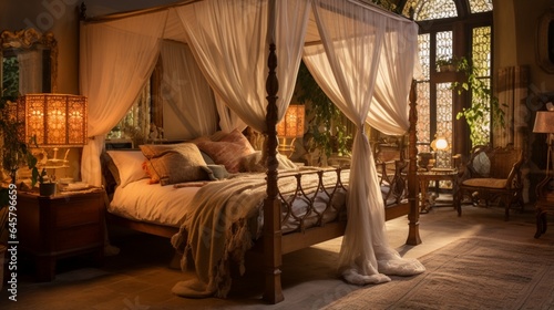 A bedroom with a four-poster bed and sheer canopy curtains