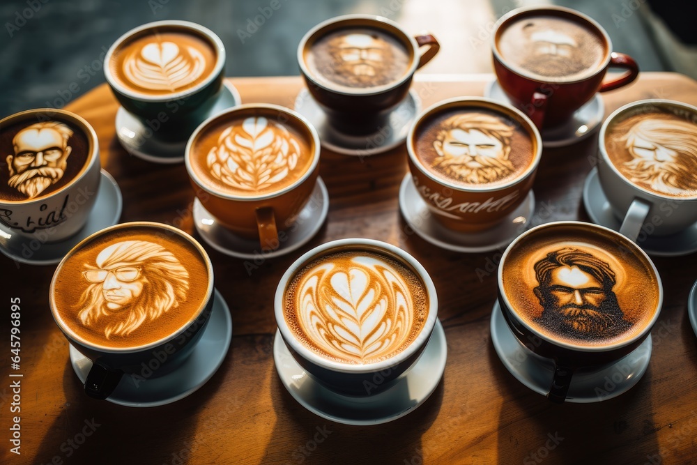 cups of coffee on the table with drawn pictures.