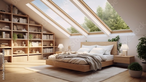 A bedroom with a sloped ceiling and integrated skylights