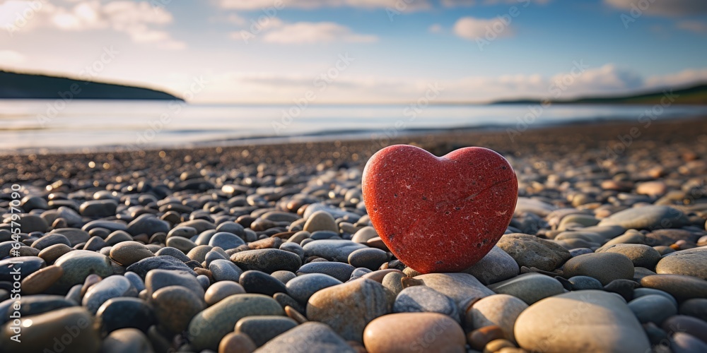 Fototapeta premium red stone in shape of heart on beach by sea, generative ai