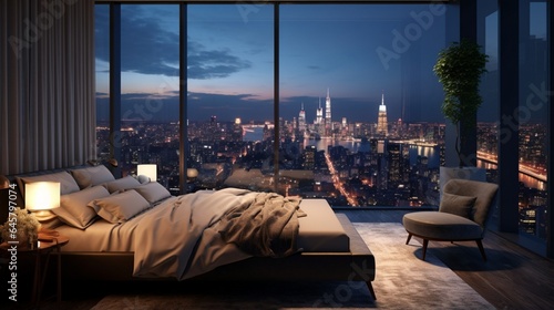 A bedroom with a wall of windows overlooking a cityscape