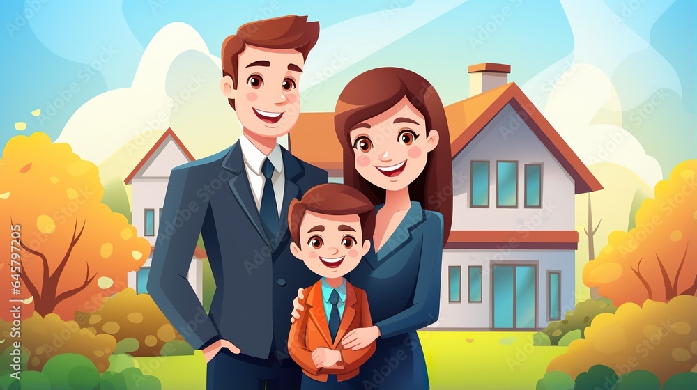 happy family with kids by new house smiling and hugging, buy new home or apartment concept, generative AI happy family with kids by new house smiling and hugging, buy new home or apartment concept, generative AI