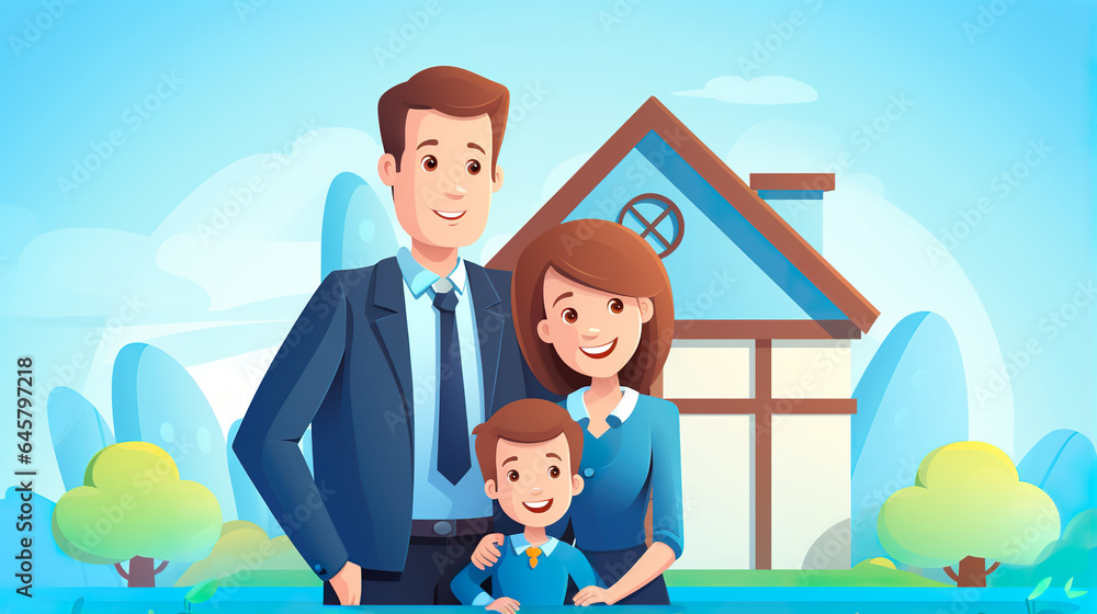happy family with kids by new house smiling and hugging, buy new home or apartment concept, generative AI