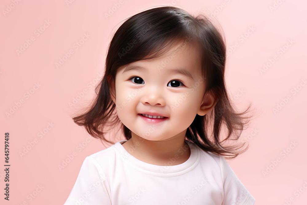portrait of cute asian toddler on pink background, ai generated portrait of cute asian toddler on pink background, ai generated