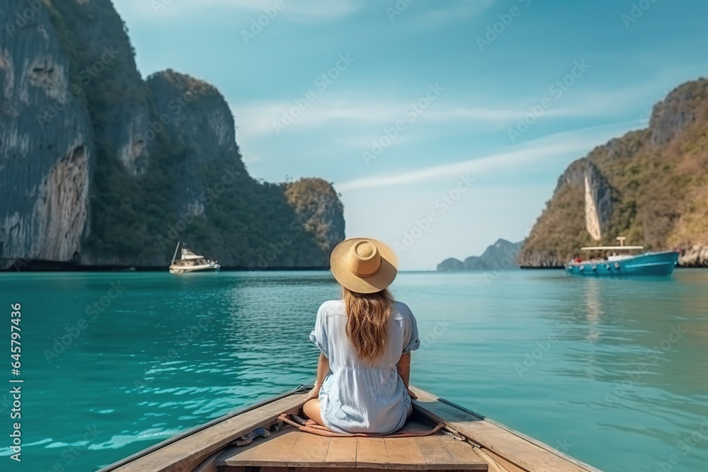 Woman travelling on the boat and enjoy her trip with ready to adventure. Happy travel woman on vacation concept. ai generative