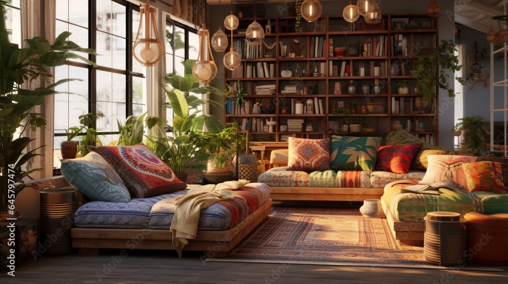 A bohemian-style lounge with floor cushions and mixed patterns