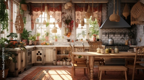 A bohemian-inspired kitchen with macram?(C) accents and eclectic patterns photo