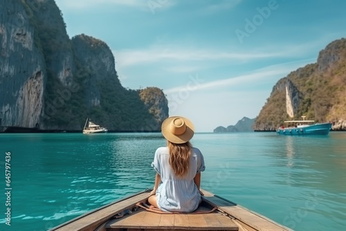 Woman travelling on the boat and enjoy her trip with ready to adventure. Happy travel woman on vacation concept. ai generative