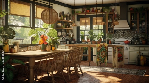A bohemian-inspired kitchen with macram?(C) accents and eclectic patterns