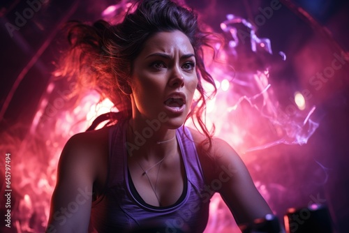 Wallpaper Mural Happy woman cycling on colorful stationary bike in studio, showcasing active lifestyle. Torontodigital.ca