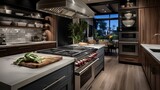 A chef's kitchen with a pot filler faucet and professional-grade appliances