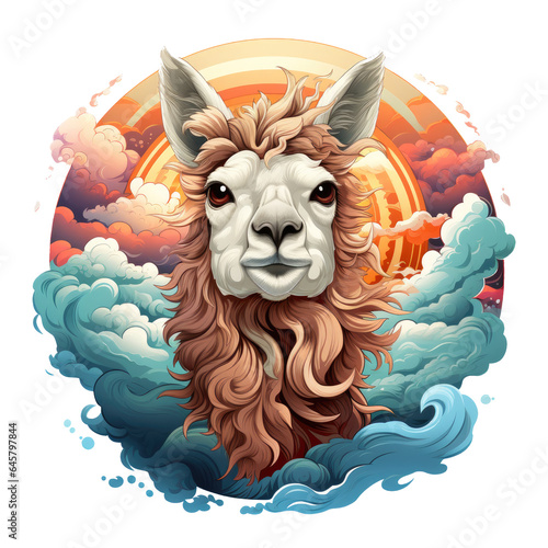 A surreal llama t-shirt design set in a floating world of clouds, where llamas with wings soar among fluffy cumulus clouds and vibrant rainbows, Generative Ai photo