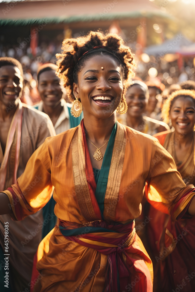 group of people unite in joy and unity as they participate in a lively cultural dance during a vibrant festival in warm sunlight flare. Image created using artificial intelligence.